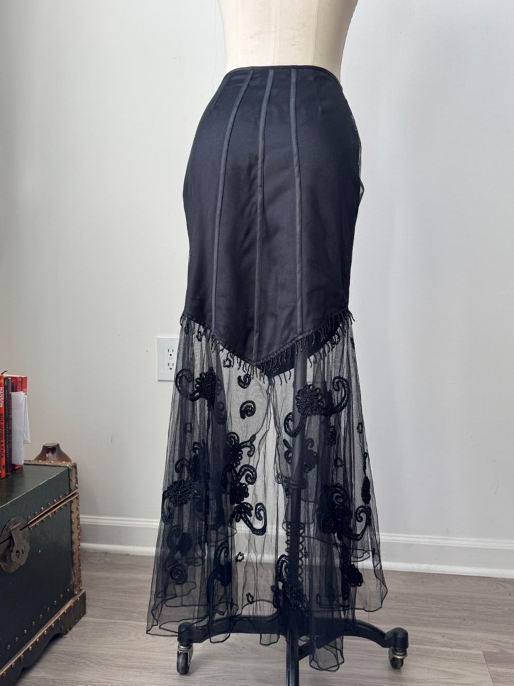Sue Wong Black Sheer Embroidered Maxi Skirt with Fringe